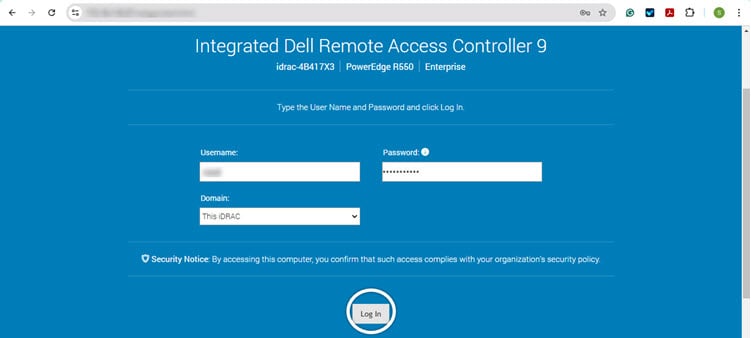 iDRAC Log In Screen